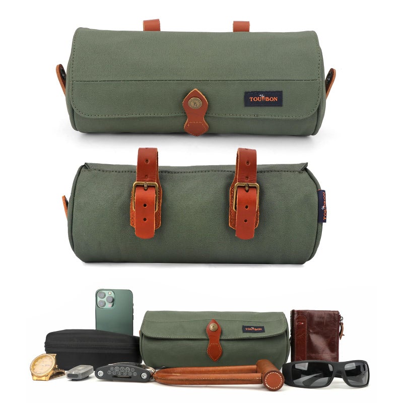 TOURBON Canvas Leather Bike Handlebar Bag with Shoulder Strap, 4.5L Bicycle Top Tube Pouch, Water-resistant Small Saddlebag storage bag for Cycling (Green) - Image 2